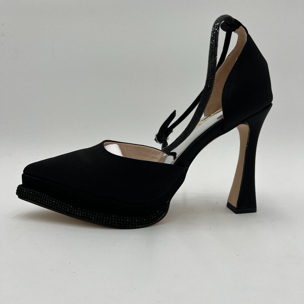 XYD Black Pointed Toe Platforms Crystal Ankle Wrap Strappy Block Heel Satin Shoe - Picture 2 of 7